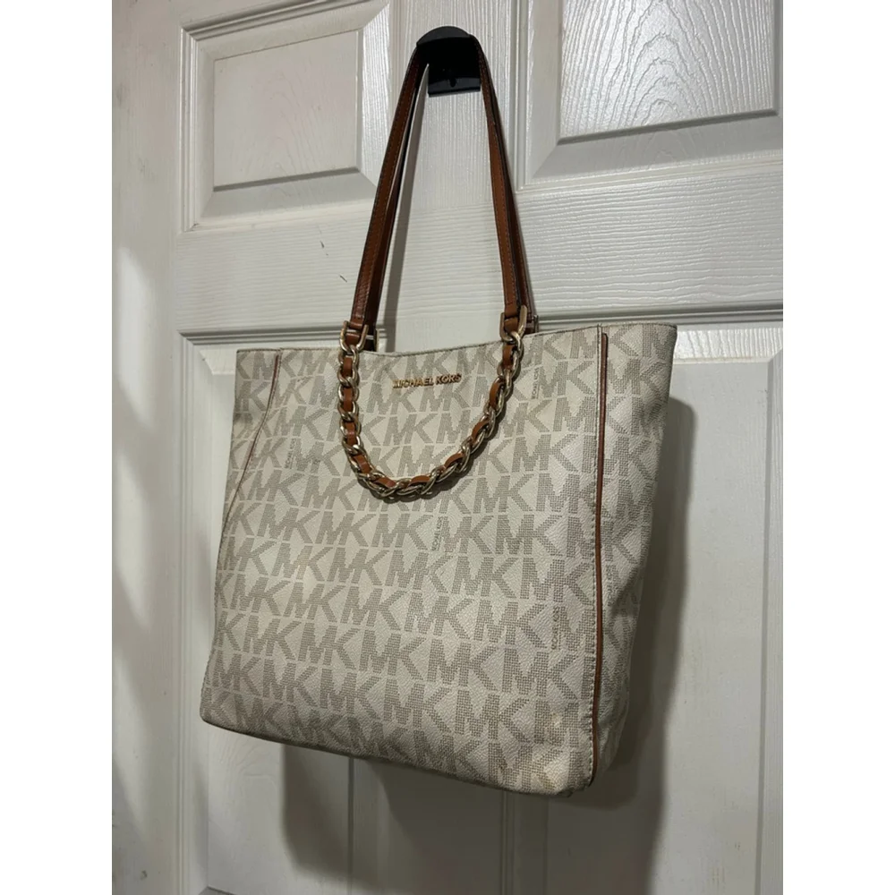 Women's Michael Kors Beige & Brown Monogram Tote Bag One Size - Picture 2 of 6